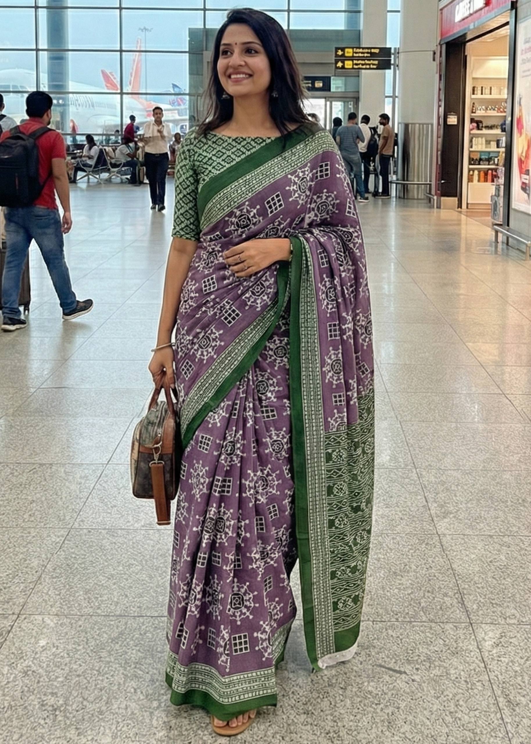 PURE MULMUL COTTON IKKAT PRINT PURPLE SAREE WITH BLOUSE