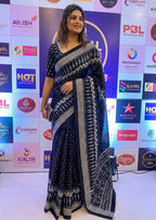 PURE MULMUL COTTON SINGAL IKKAT PRINT NEVY BLUE SAREE WITH BLOUSE