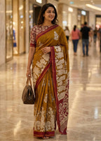 SOFT MASLIN MULMUL COTTON WITH HEVY ZARI BORDER BROWN SAREE WITH BLOUSE