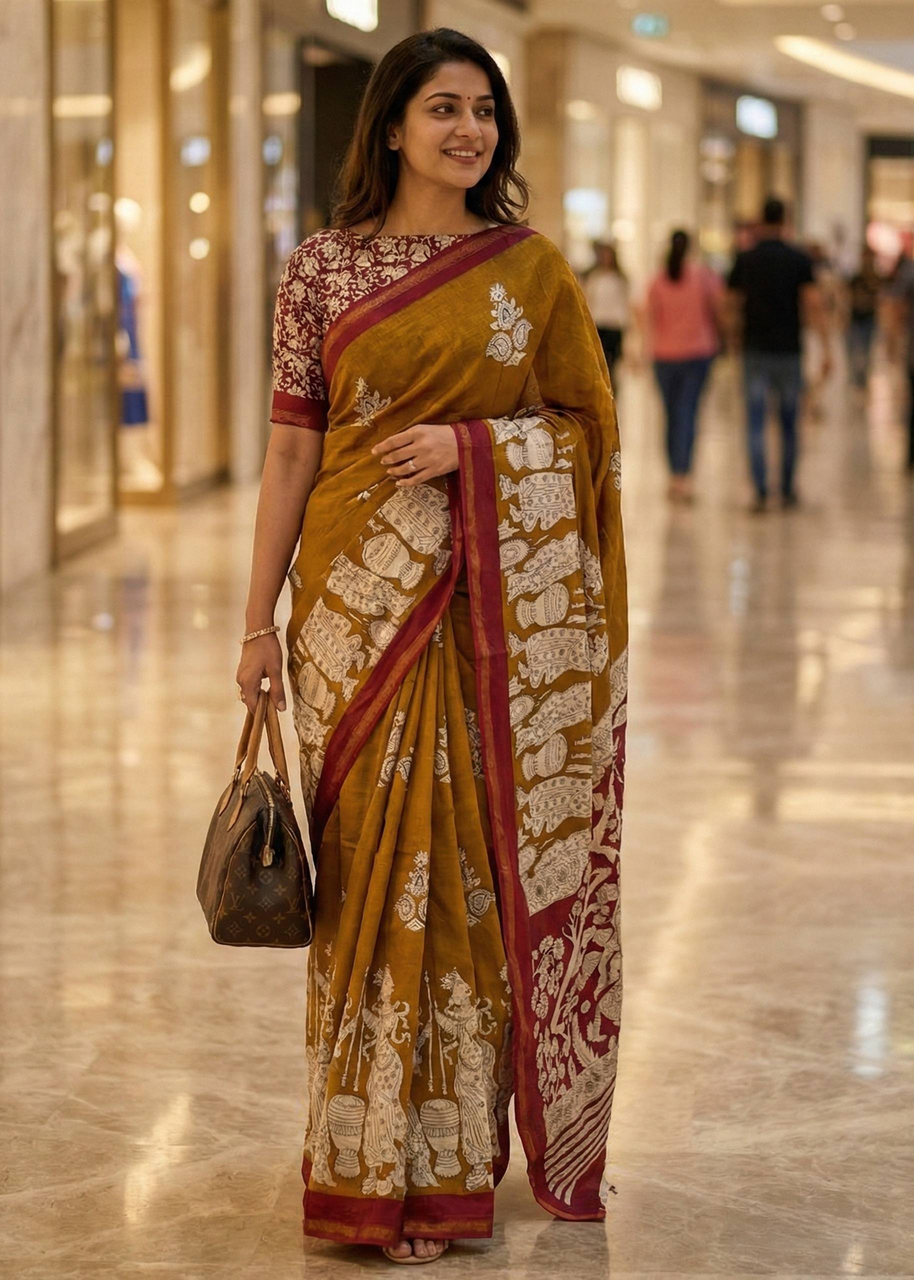 SOFT MASLIN MULMUL COTTON WITH HEVY ZARI BORDER BROWN SAREE WITH BLOUSE