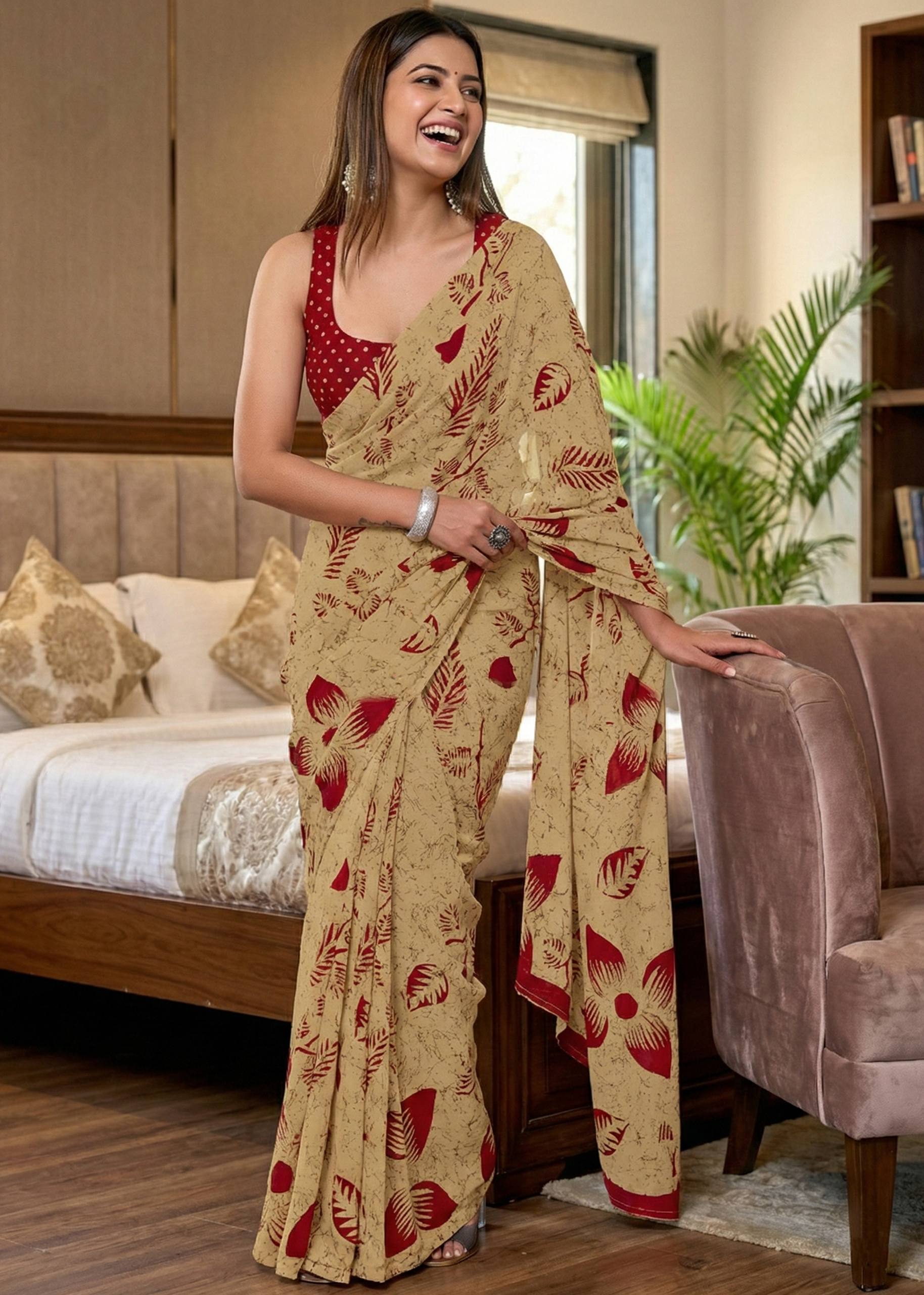 PURE MULMUL COTTON FLORAL STYLE HAND BLOCK PRINT BEIGE AND RED SAREE WITH BLOUSE