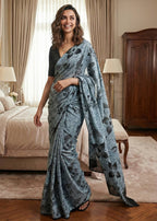 PURE MULMUL COTTON FLORAL STYLE HAND BLOCK PRINT GREY SAREE WITH BLOUSE