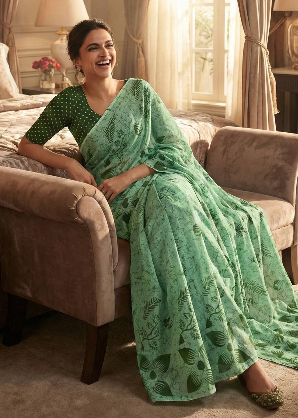 PURE MULMUL COTTON FLORAL STYLE HAND BLOCK PRINT GREEN SAREE WITH BLOUSE