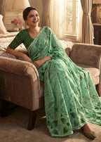 PURE MULMUL COTTON FLORAL STYLE HAND BLOCK PRINT GREEN SAREE WITH BLOUSE