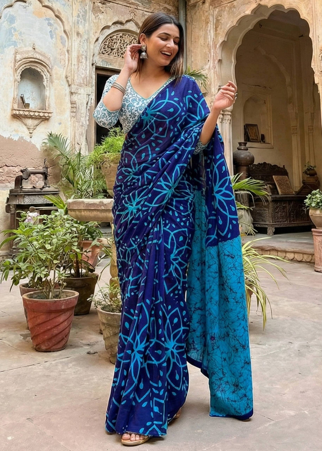 PURE MULMUL COTTON BATIK STYLE HAND BLOCK PRINT SAREE WITH BLOUSE