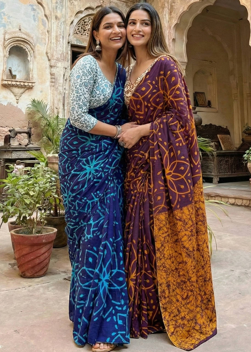 PURE MULMUL COTTON BATIK STYLE HAND BLOCK PRINT SAREE WITH BLOUSE