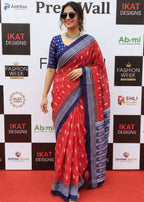 PURE MULMUL COTTON SINGAL IKKAT PRINT ORANGE SAREE WITH BLOUSE