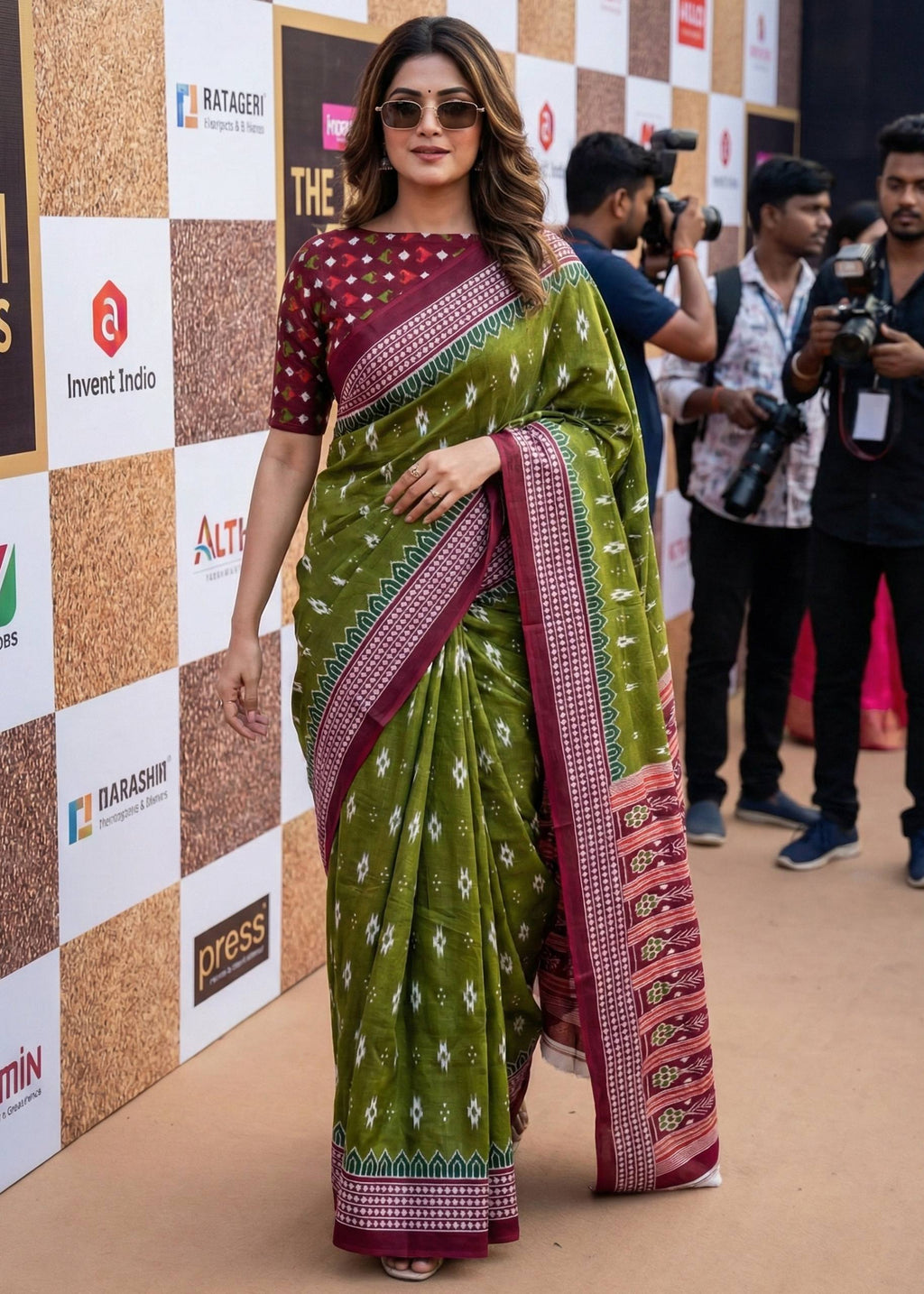 PURE MULMUL COTTON SINGAL IKKAT PRINT OLIVE GREEN SAREE WITH BLOUSE