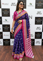 PURE MULMUL COTTON SINGAL IKKAT PRINT BLUE SAREE WITH BLOUSE