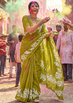 PURE MULMUL COTTON HAND BLOCK FLORAL PRINT MEHANDI GREEN SAREE WITH BLOUSE