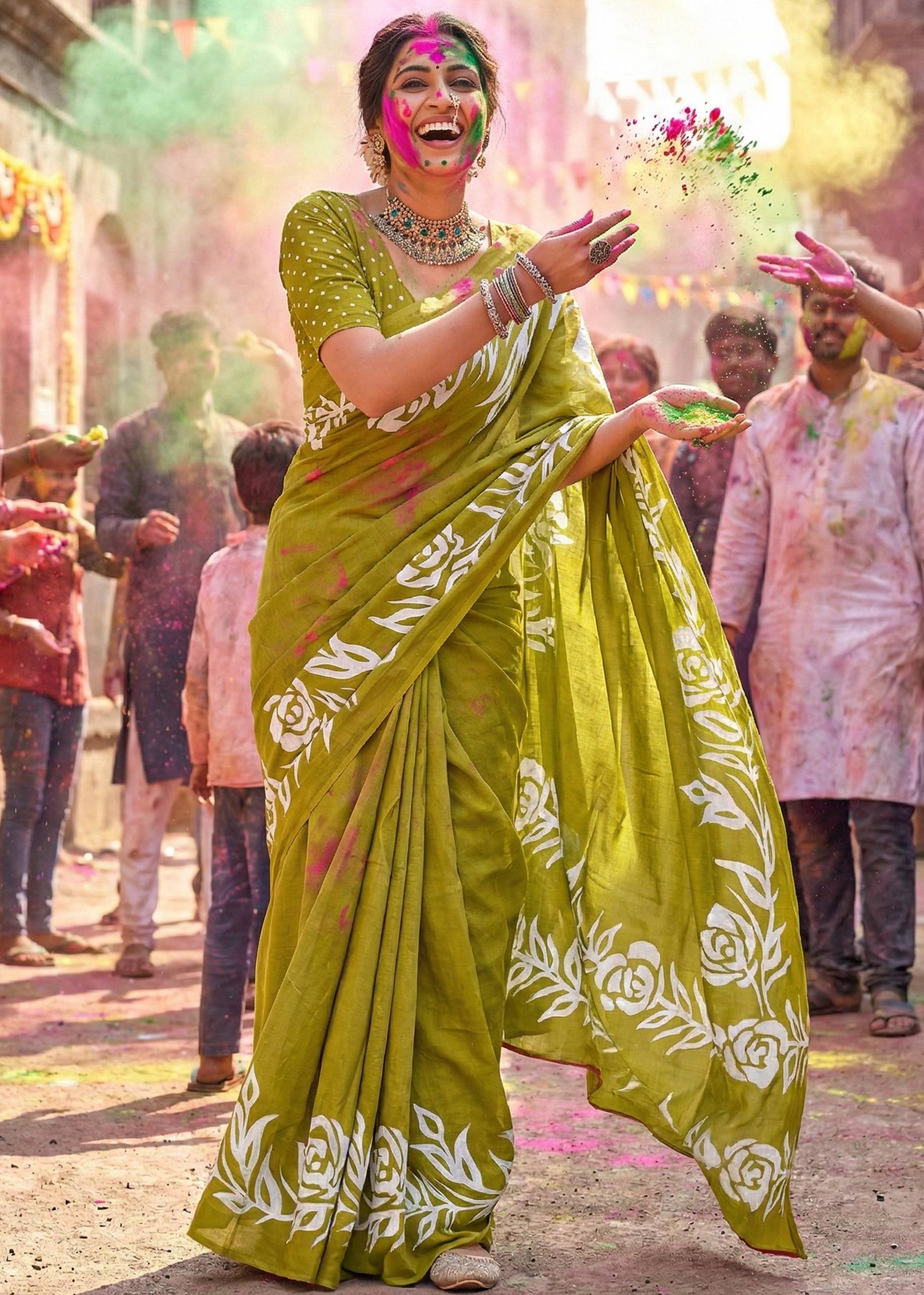 PURE MULMUL COTTON HAND BLOCK FLORAL PRINT MEHANDI GREEN SAREE WITH BLOUSE