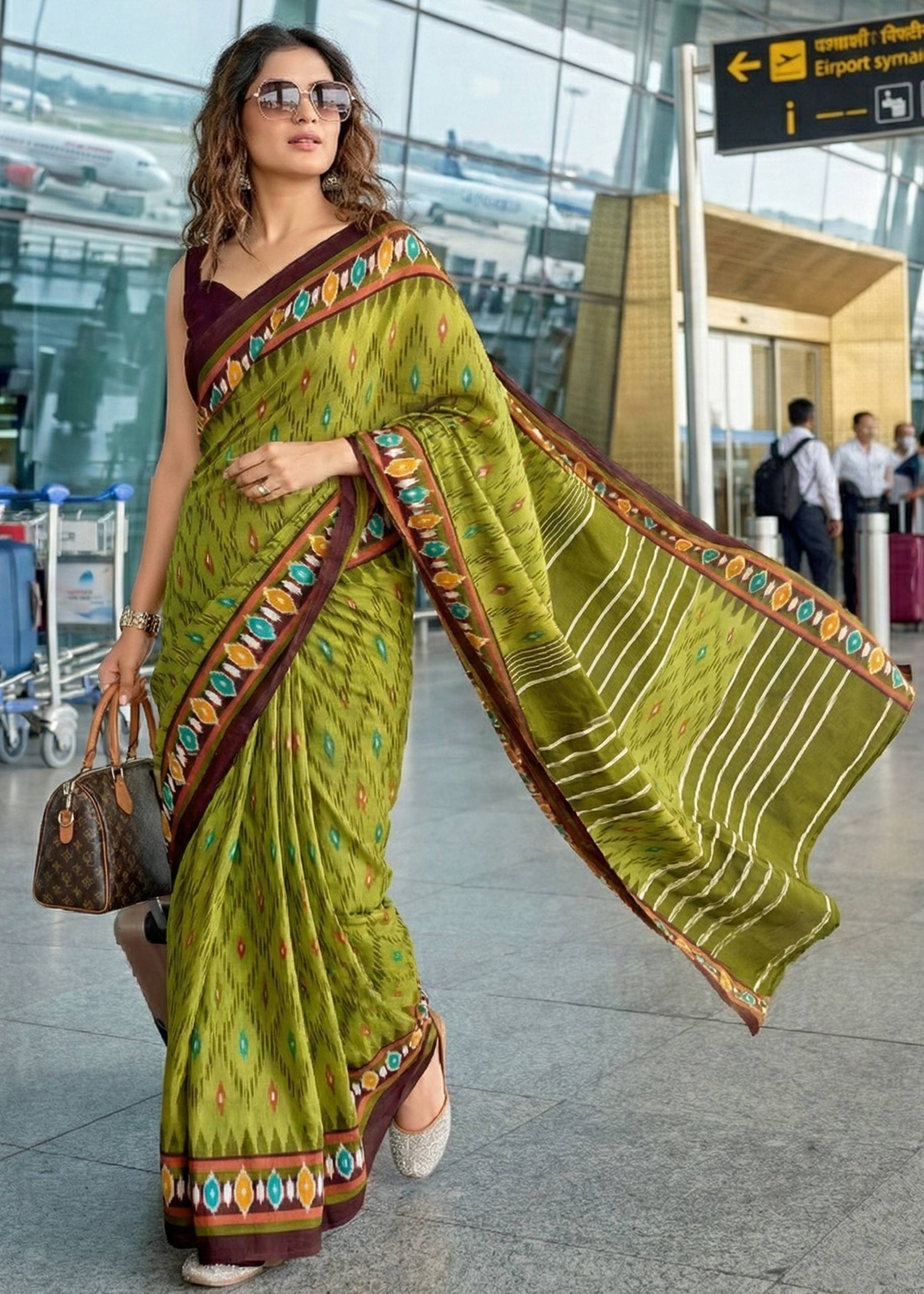 PURE MULMUL COTTON IKKAT PRINTD GREEN SAREE WITH BLOUSE