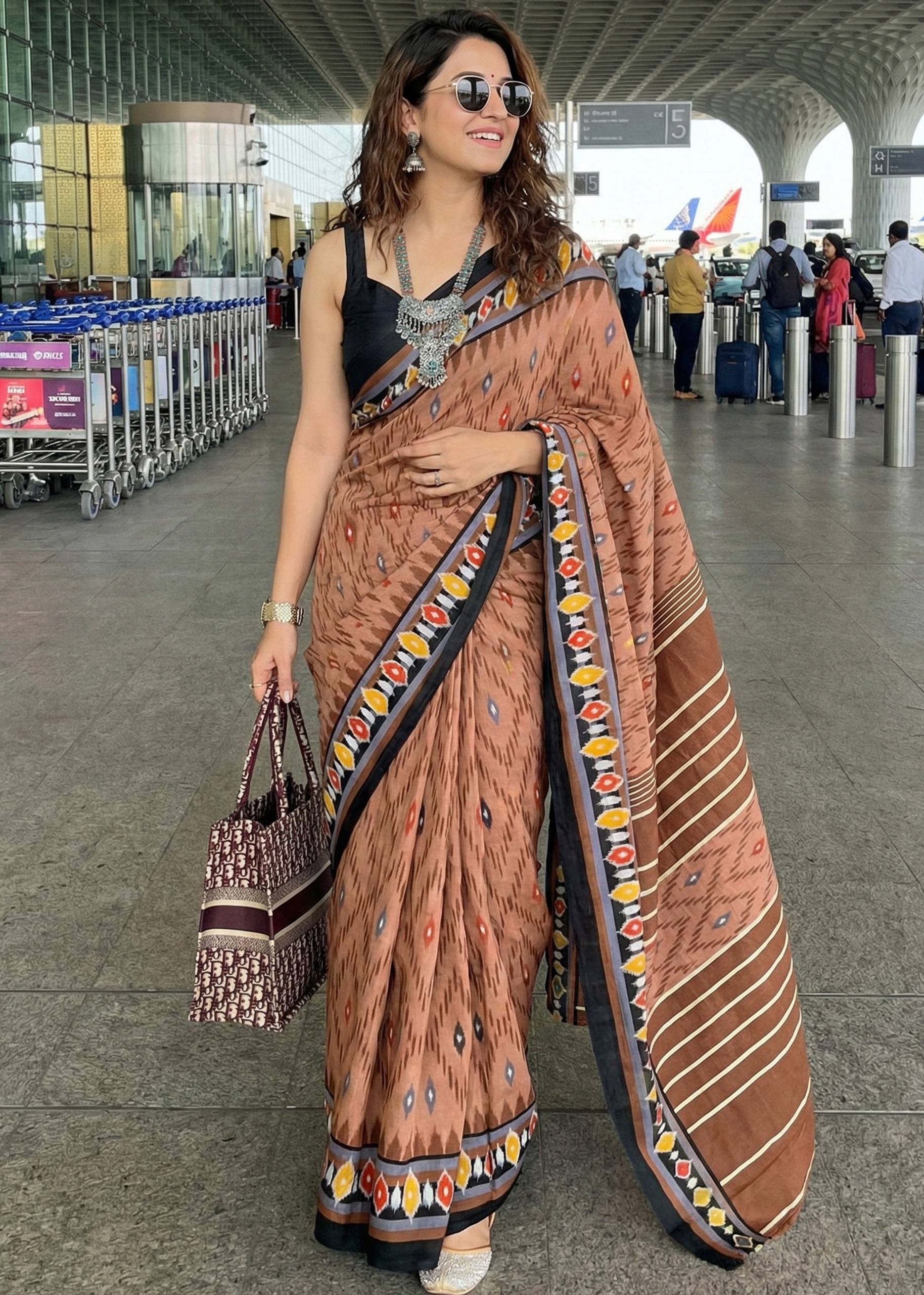 PURE MULMUL COTTON IKKAT PRINT PEACH SAREE WITH BLOUSE