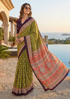 PURE MULMUL COTTON BAGRU PRINT OLIVE SAREE WITH BLOUSE