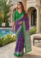 PURE MULMUL COTTON BAGRU PRINT BLUE VOILET SAREE WITH BLOUSE