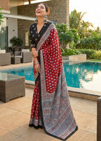 PURE MULMUL COTTON BAGRU PRINT RED SAREE WITH BLOUSE
