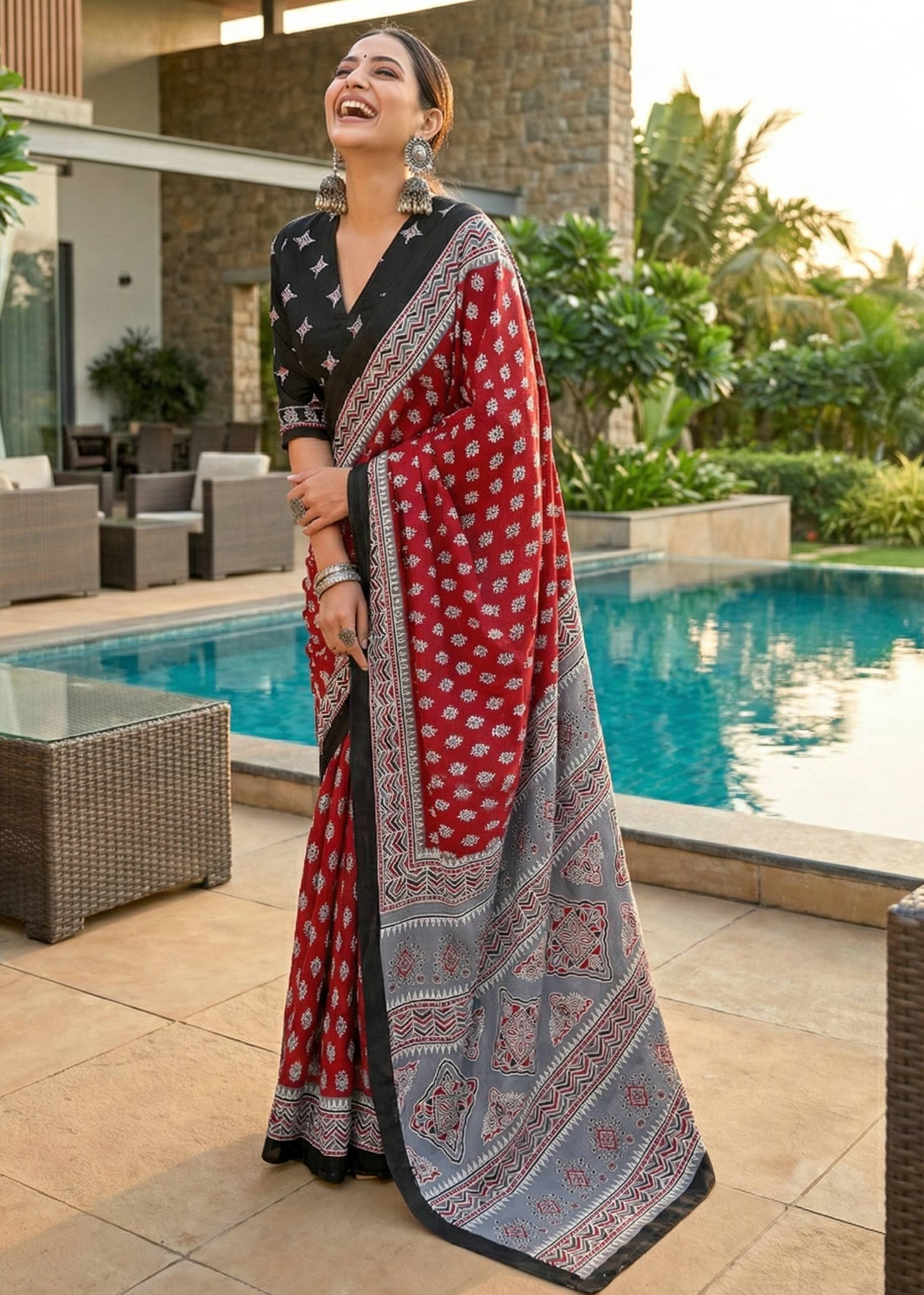 PURE MULMUL COTTON BAGRU PRINT RED SAREE WITH BLOUSE