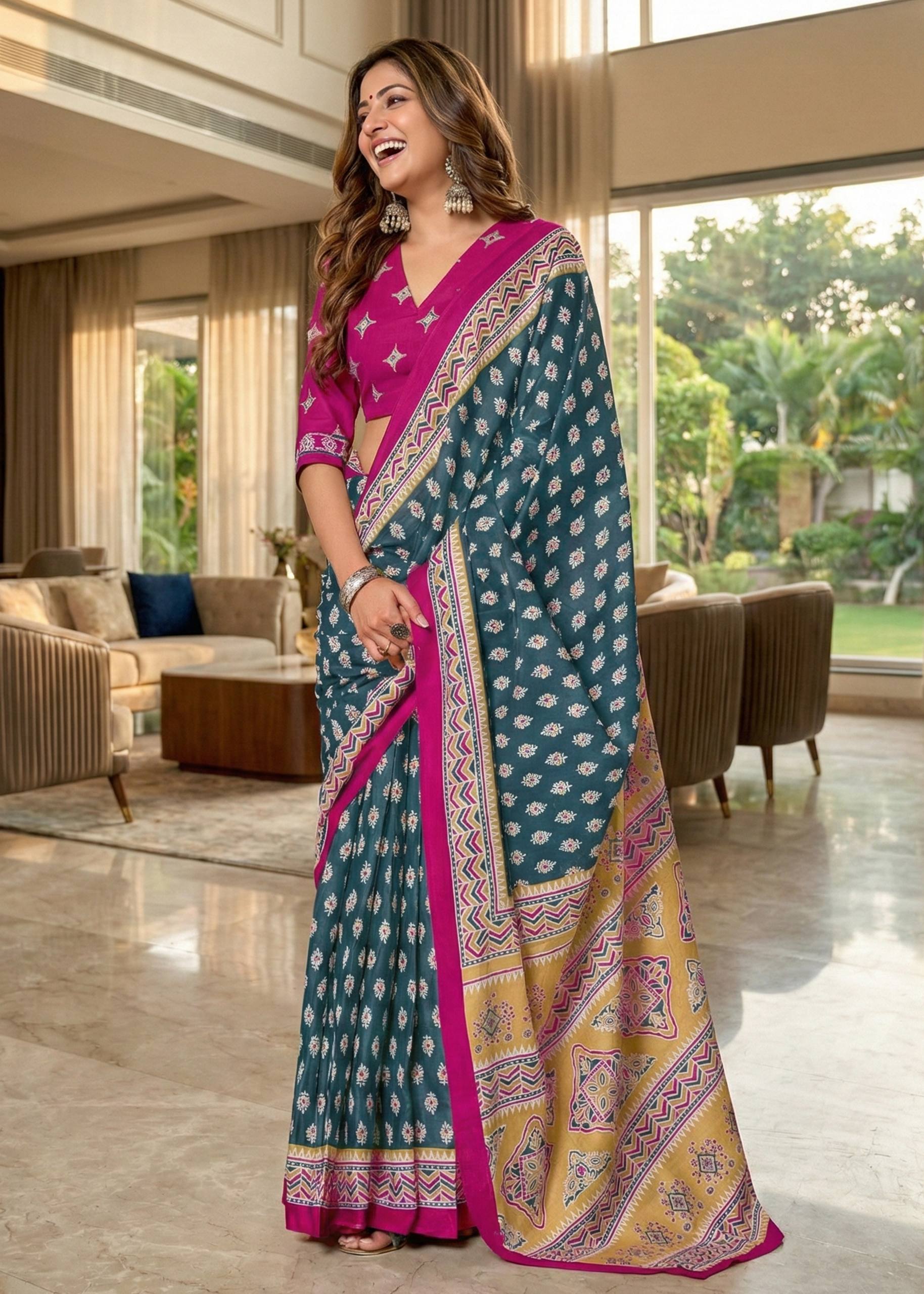 PURE MULMUL COTTON BAGRU PRINT TEAL SAREE WITH BLOUSE