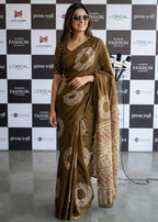 KALMKARI PRINT PURE MULMUL COTTON AJRAKH BANDHEJ HAND BLOCK PRINT BROWN SAREE WITH BLOUSE