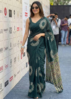 KALMKARI PRINT PURE MULMUL COTTON AJRAKH BANDHEJ HAND BLOCK PRINT TEAL SAREE WITH BLOUSE