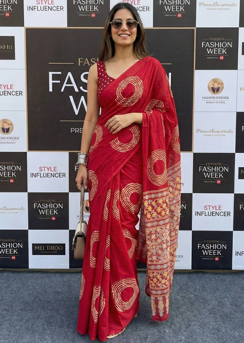 KALMKARI PRINT PURE MULMUL COTTON AJRAKH BANDHEJ HAND BLOCK PRINT RED SAREE WITH BLOUSE