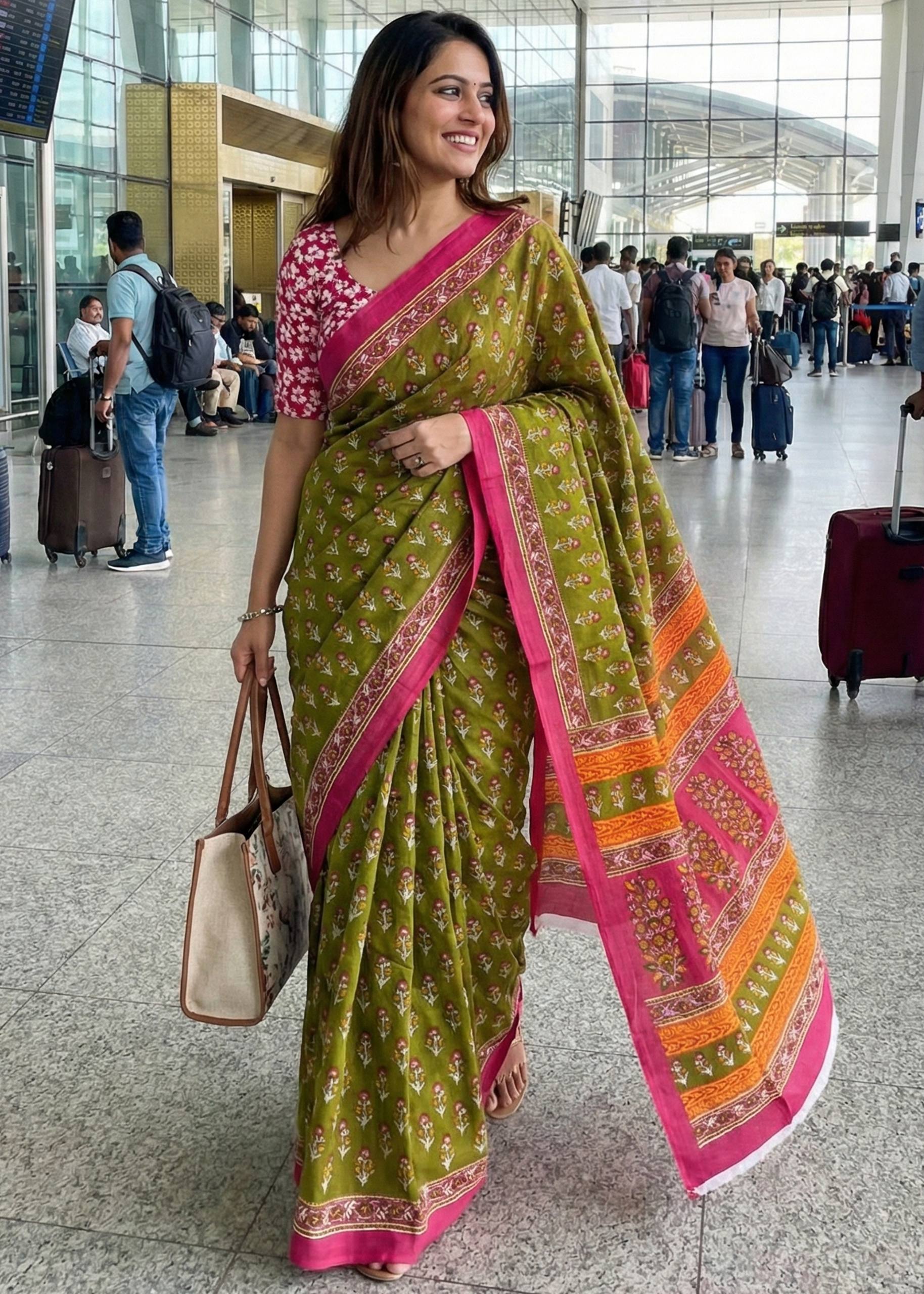 PURE MULMUL COTTON JAIPURI BUTI PRINT MEHANDI GREEN SAREE WITH BLOUSE