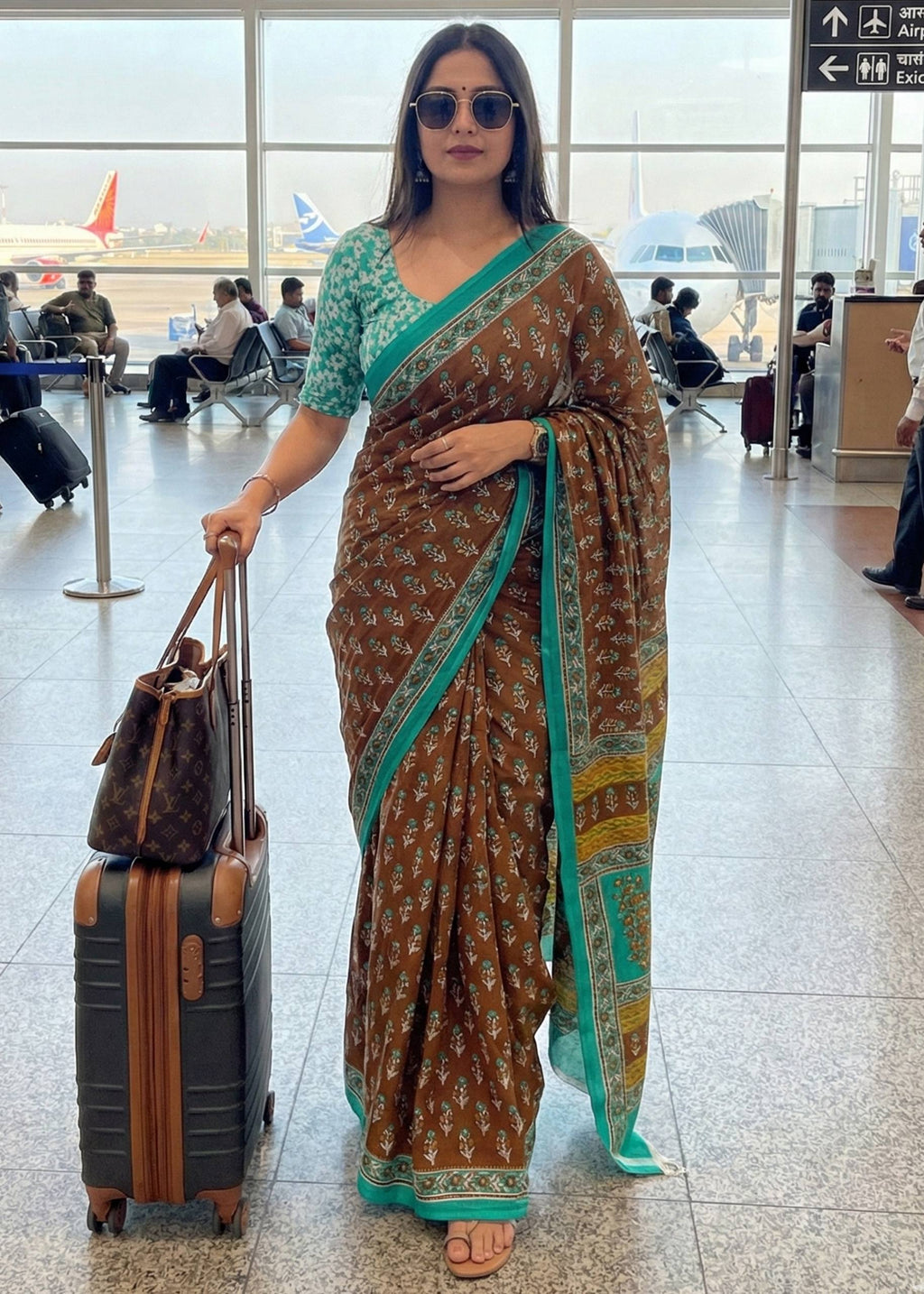 PURE MULMUL COTTON JAIPURI BUTI PRINT BROWN SAREE WITH BLOUSE