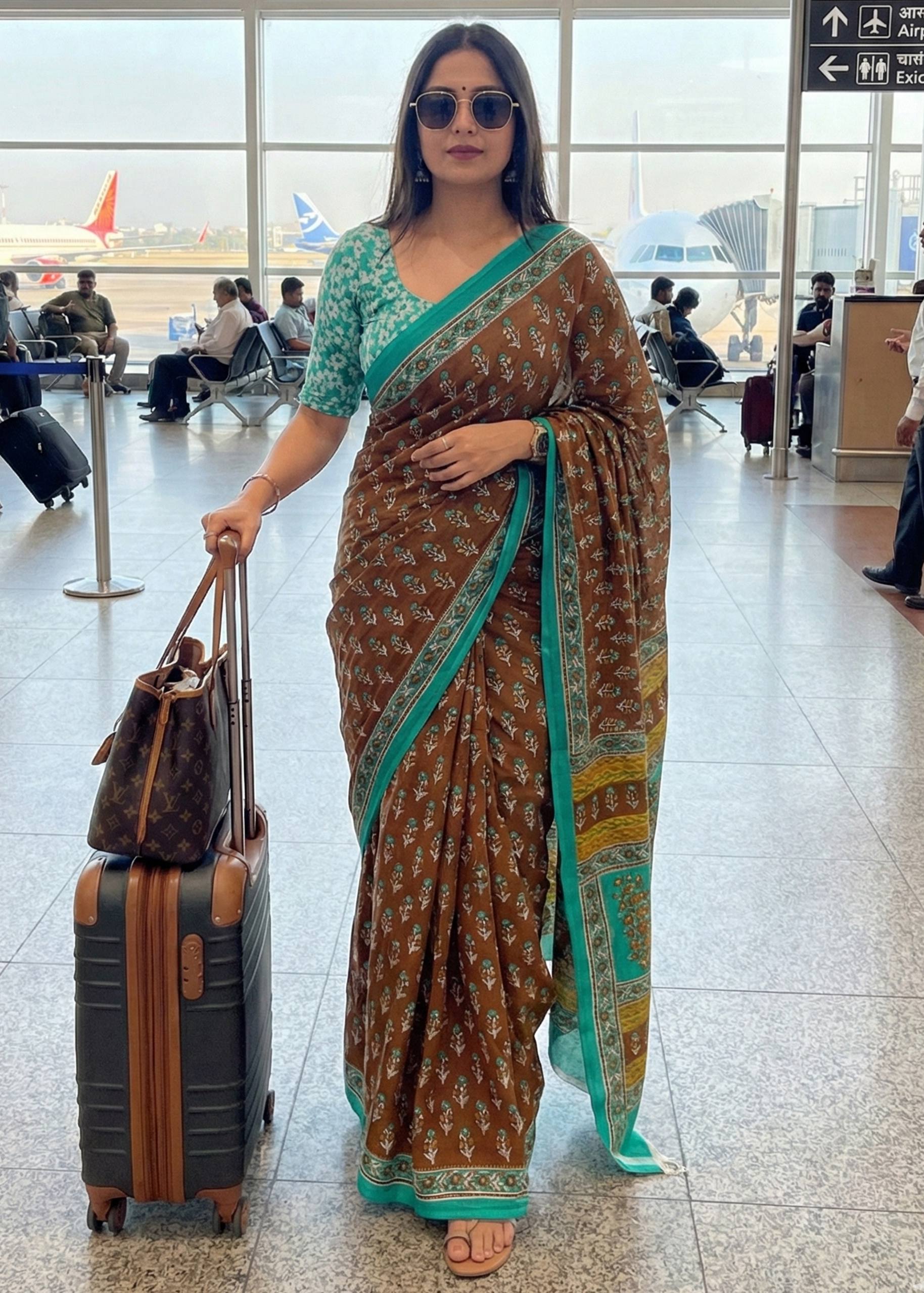PURE MULMUL COTTON JAIPURI BUTI PRINT BROWN SAREE WITH BLOUSE