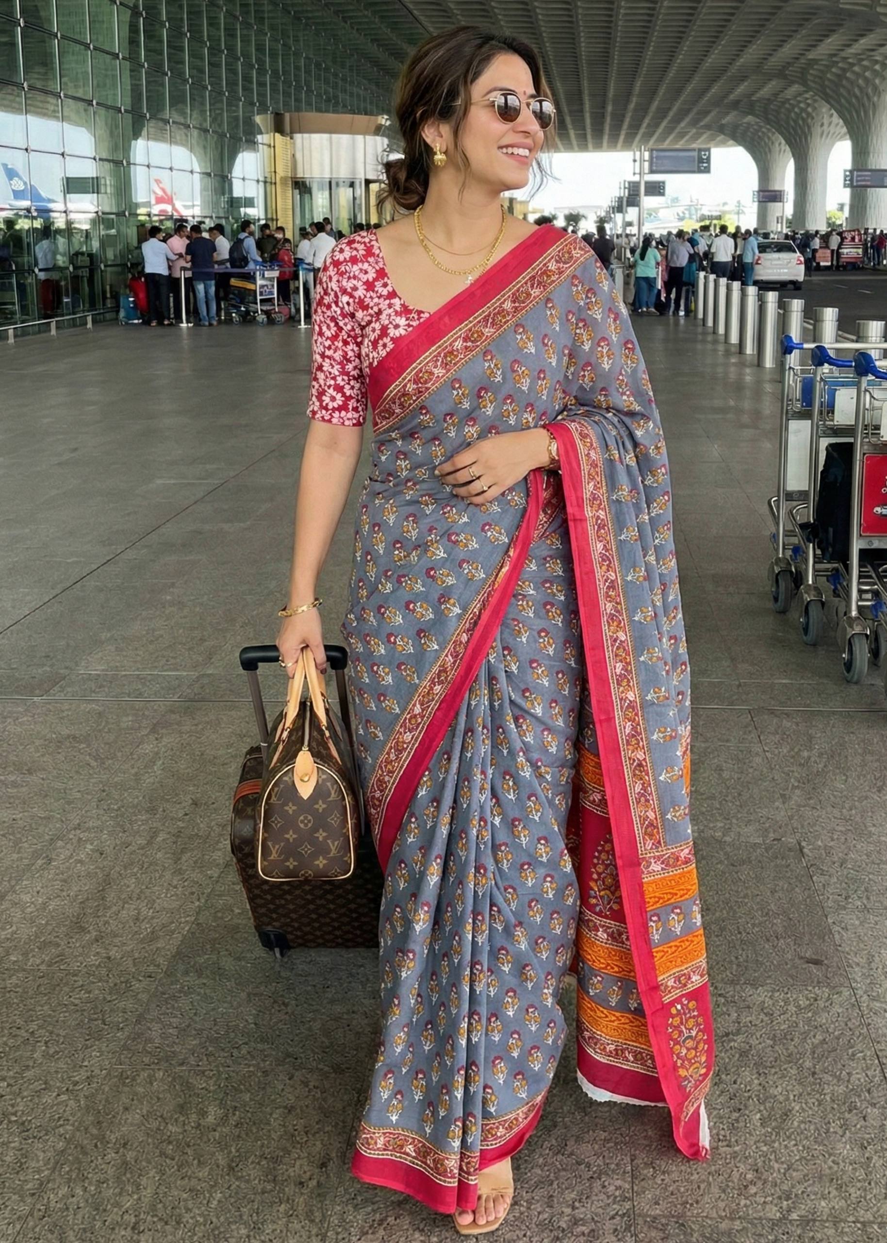PURE MULMUL COTTON JAIPURI BUTI PRINT GREY SAREE WITH BLOUSE