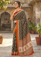 PURE MULMUL COTTON JAIPUR PRINT BLACK SAREE WITH BLOUSE