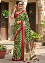 PURE MULMUL COTTON JAIPUR PRINT GREEN SAREE WITH BLOUSE