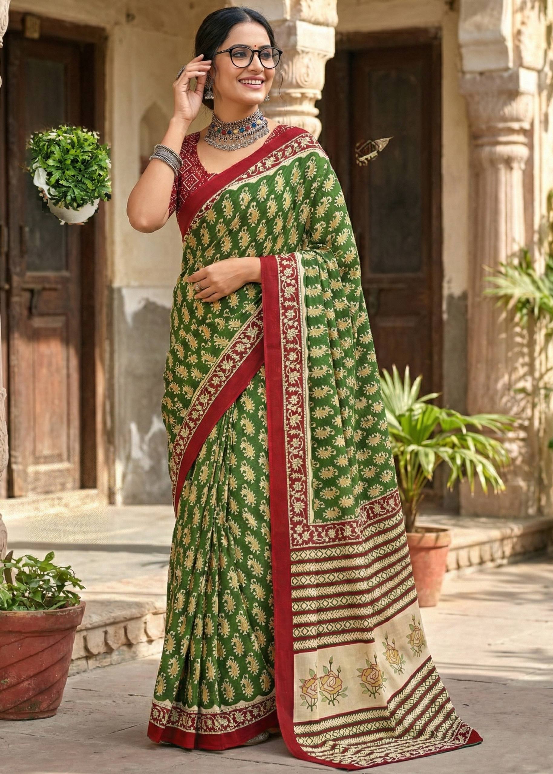 PURE MULMUL COTTON JAIPUR PRINT GREEN SAREE WITH BLOUSE