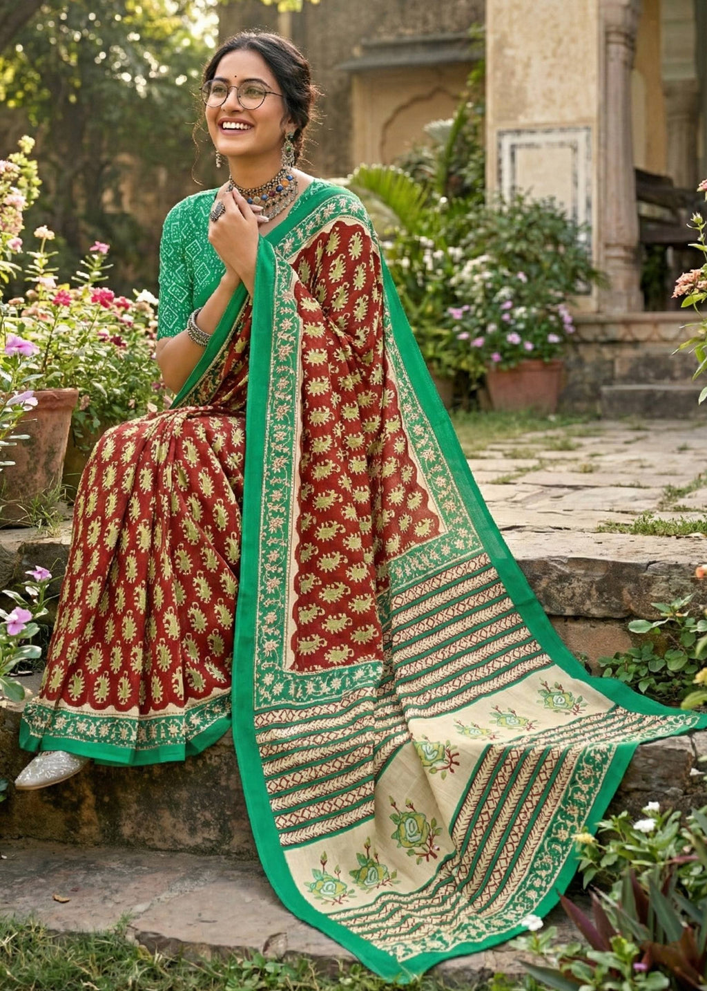 PURE MULMUL COTTON JAIPUR PRINT MAROON SAREE WITH BLOUSE