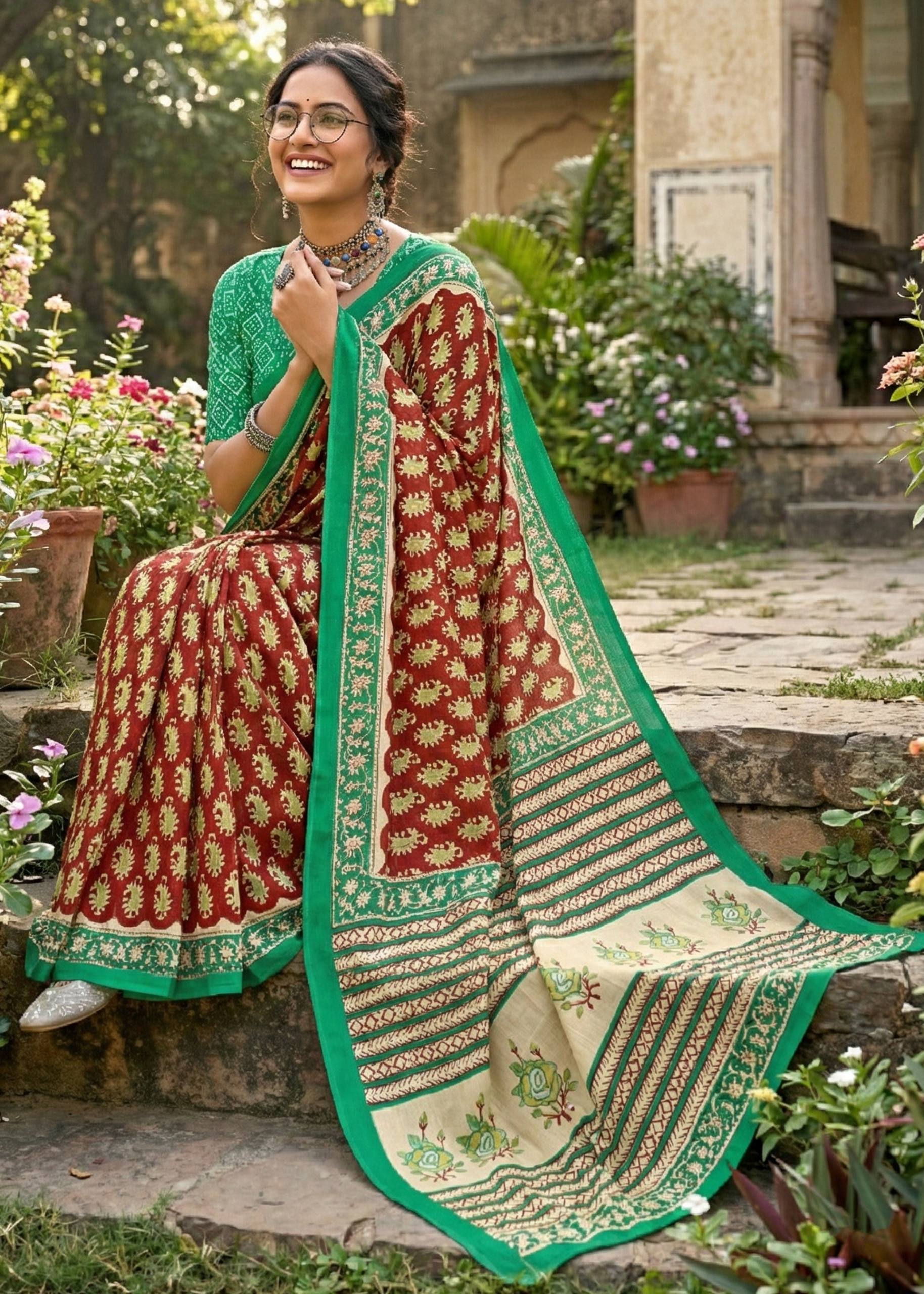 PURE MULMUL COTTON JAIPUR PRINT MAROON SAREE WITH BLOUSE