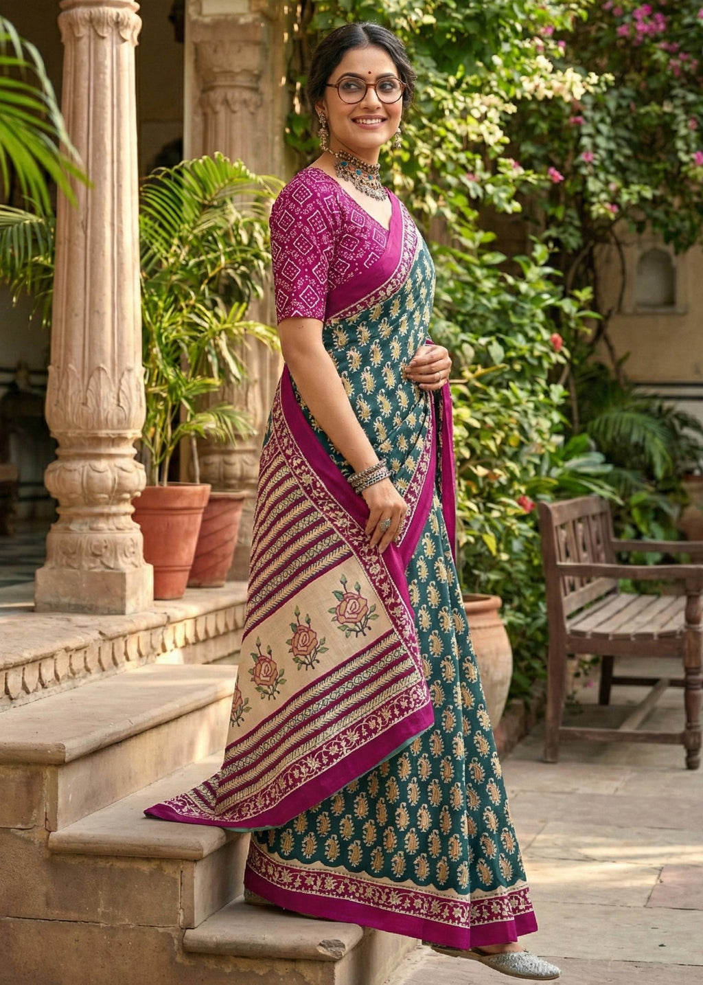 PURE MULMUL COTTON JAIPUR PRINT TEAL SAREE WITH BLOUSE