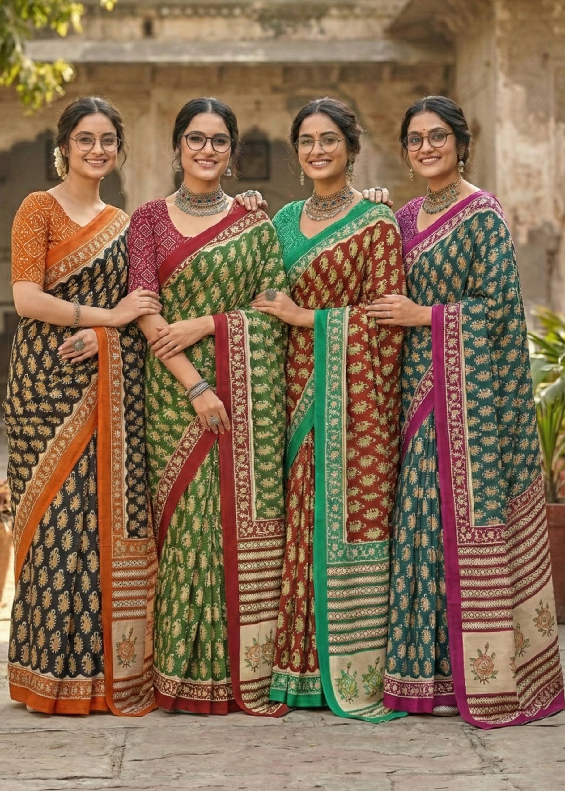 PURE MULMUL COTTON JAIPUR PRINT GREEN SAREE WITH BLOUSE