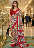 PURE MULMUL COTTON IKKAT PRINT RED SAREE WITH BLOUSE