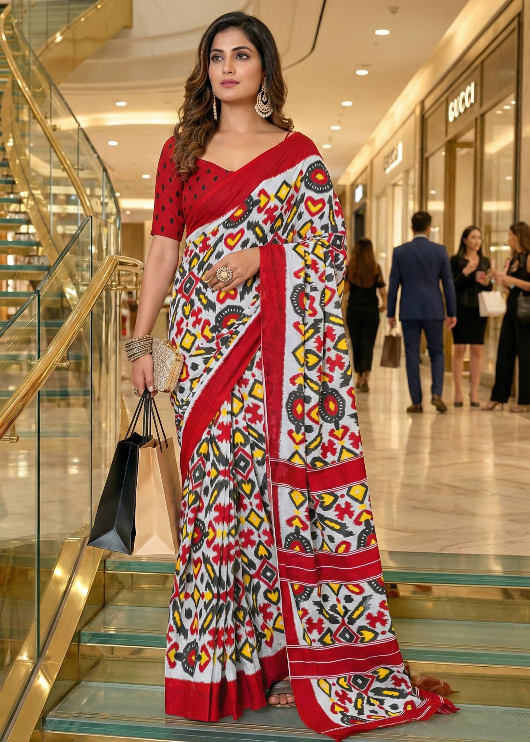 PURE MULMUL COTTON IKKAT PRINT RED SAREE WITH BLOUSE