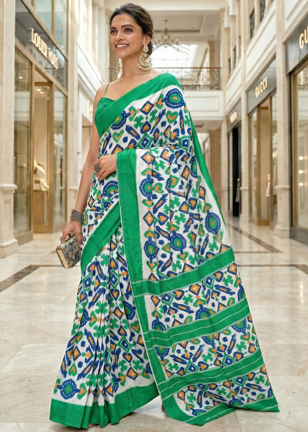 PURE MULMUL COTTON IKKAT PRINT GREEN SAREE WITH BLOUSE