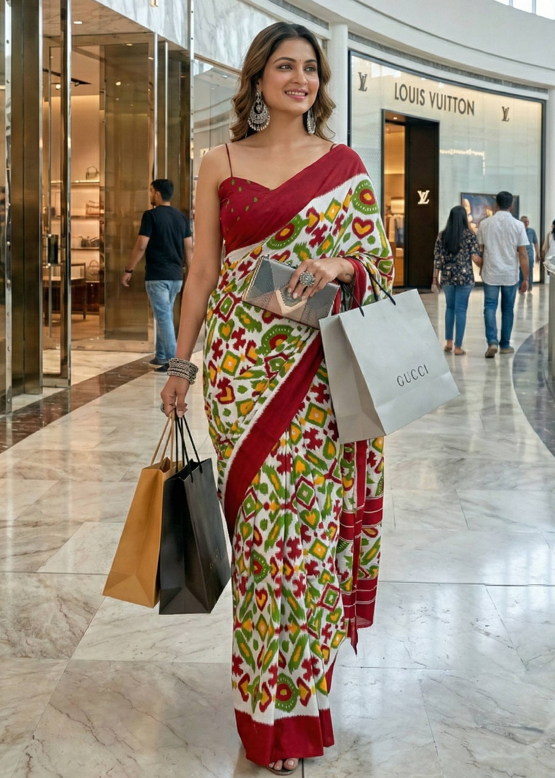 PURE MULMUL COTTON IKKAT PRINT MAROON SAREE WITH BLOUSE