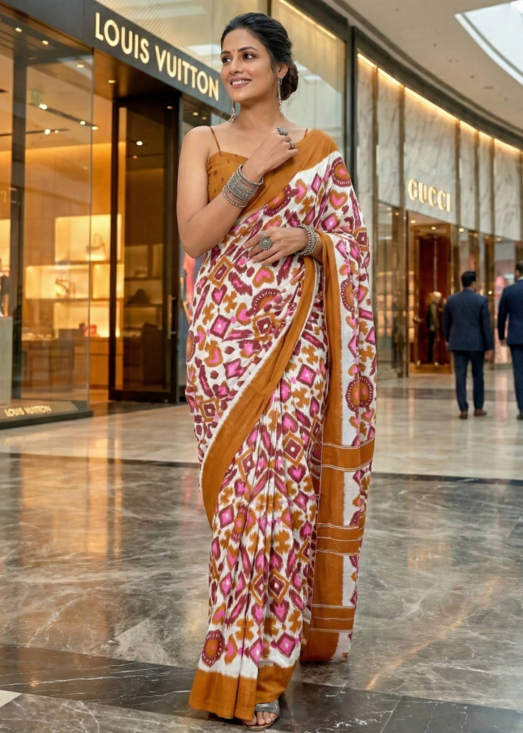 PURE MULMUL COTTON IKKAT PRINT YELLOW SAREE WITH BLOUSE