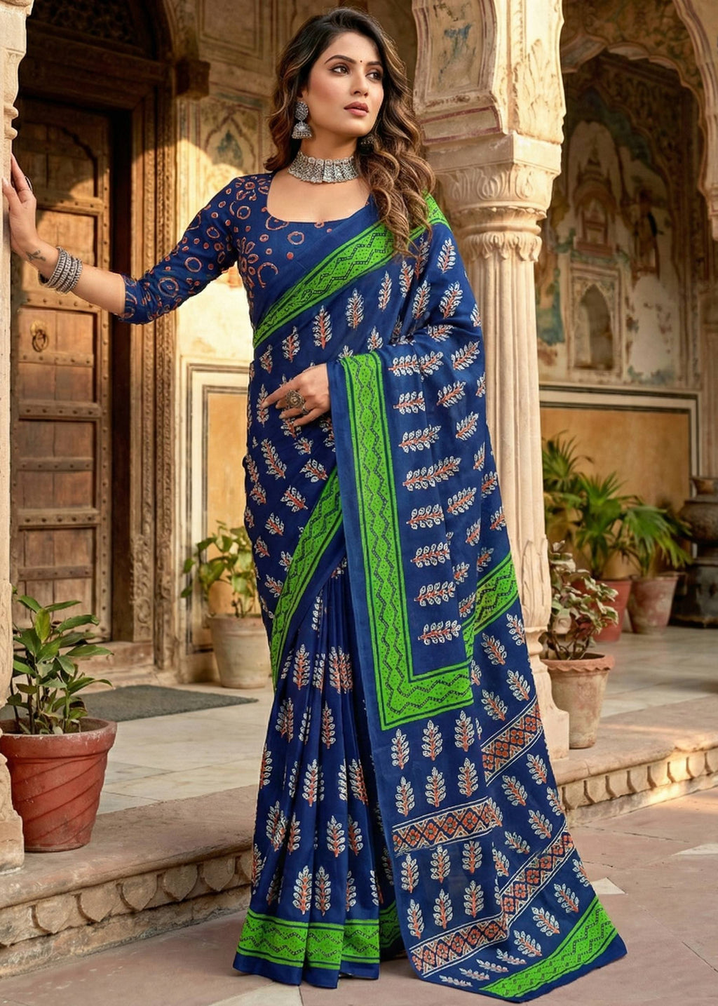 PURE MULMUL COTTON HAND BLOCK PRINT BLUE SAREE WITH BLOUSE