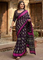 PURE MULMUL COTTON HAND BLOCK PRINT PURPLE SAREE WITH BLOUSE
