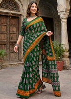 PURE MULMUL COTTON HAND BLOCK PRINT GREEN SAREE WITH BLOUSE