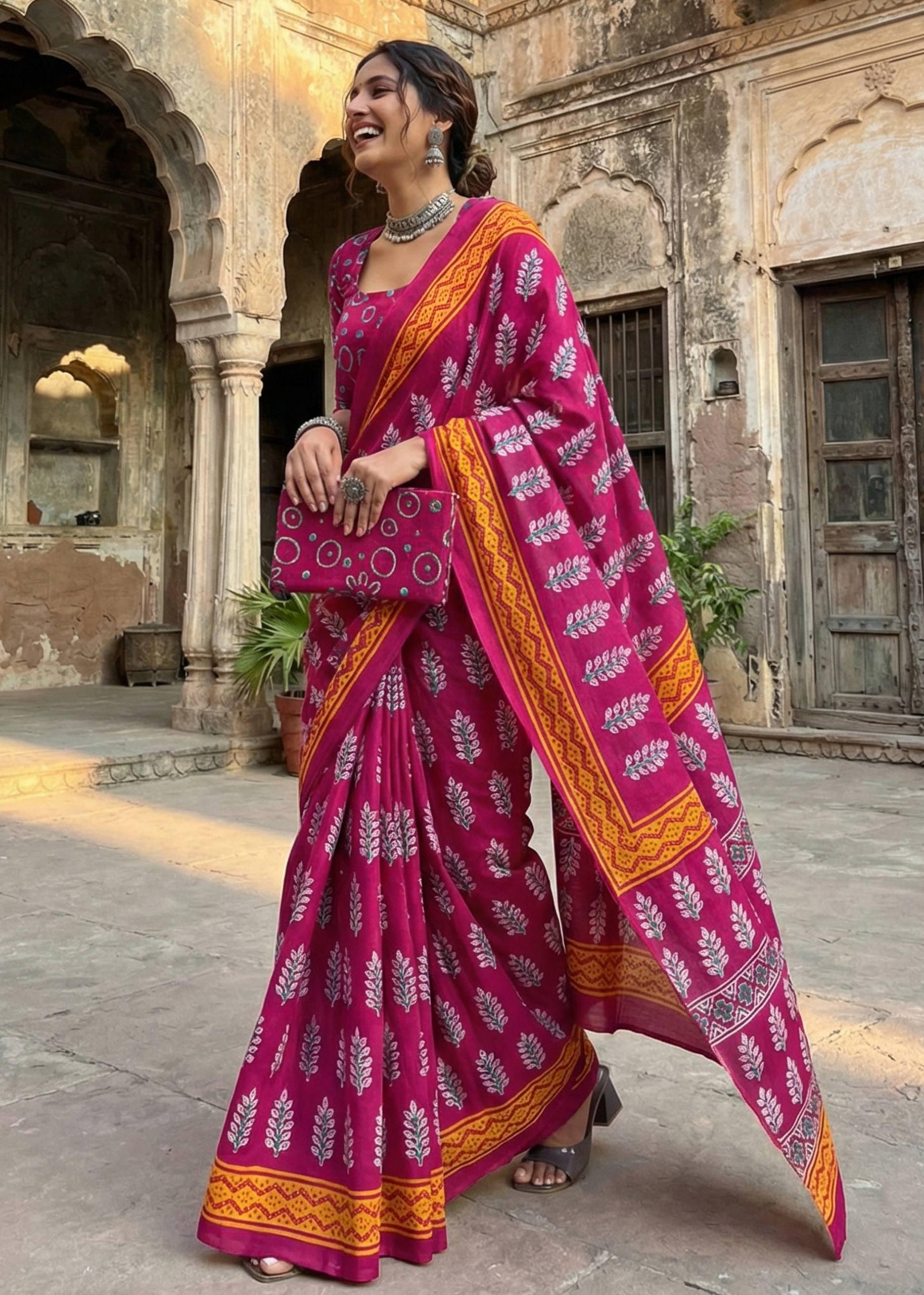 PURE MULMUL COTTON HAND BLOCK PRINT PINK SAREE WITH BLOUSE