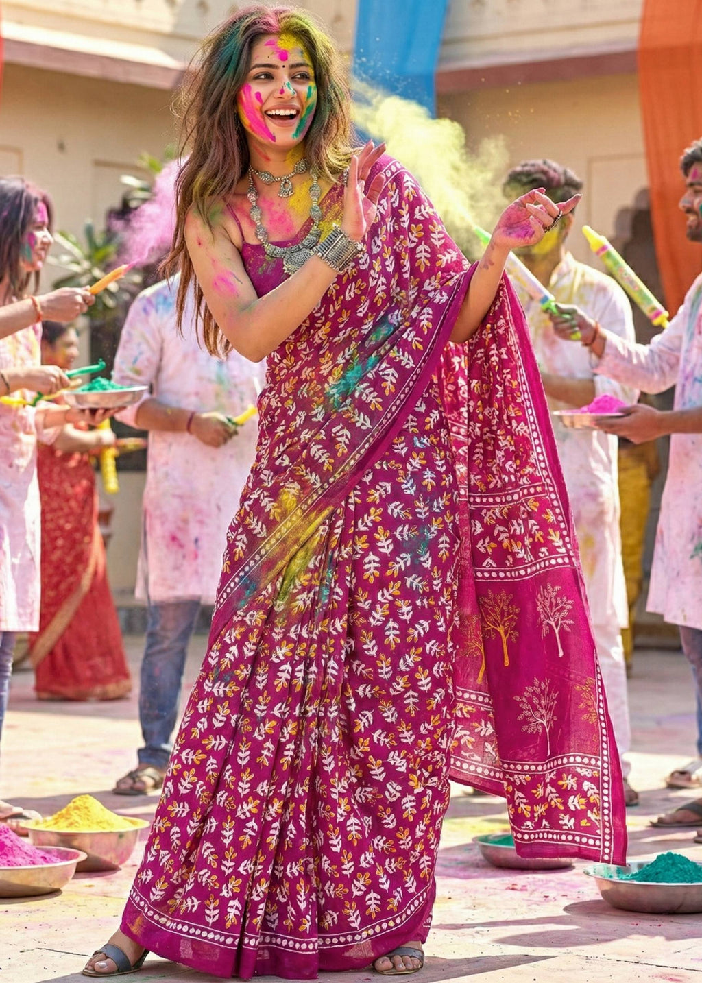 PURE MULMUL COTTON HAND PRINTD PINK SAREE WITH BLOUSE