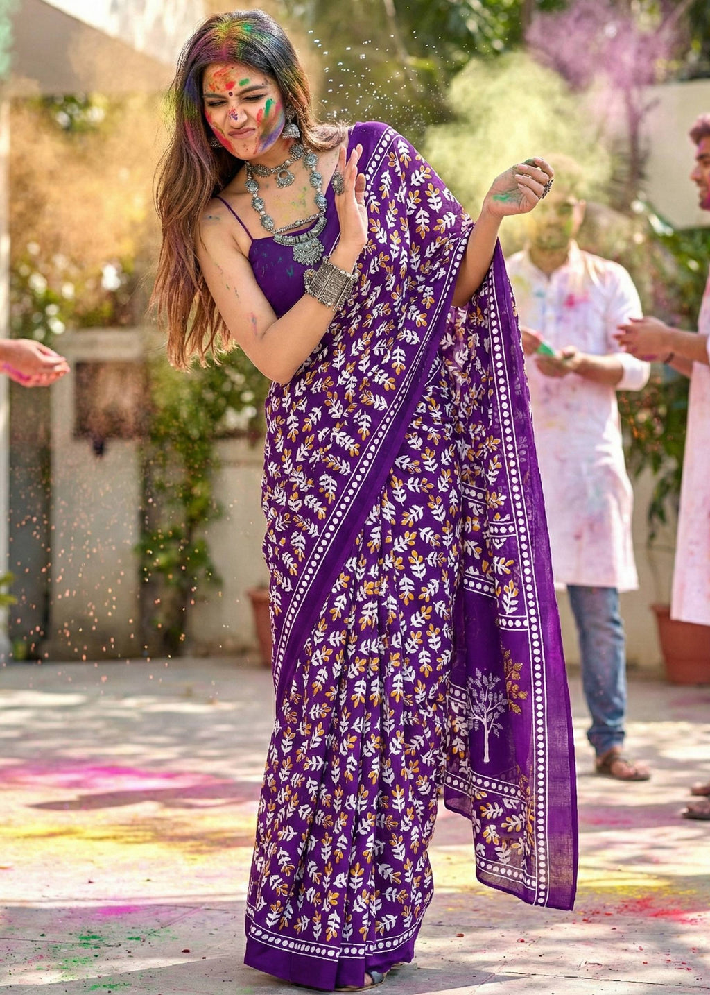 PURE MULMUL COTTON HAND PRINTD PURPLE SAREE WITH BLOUSE