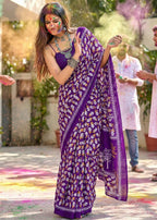 PURE MULMUL COTTON HAND PRINTD PURPLE SAREE WITH BLOUSE