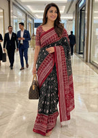PURE MULMUL COTTON POCHAMPALLY IKKAT PRINT BLACK SAREE WITH BLOUSE