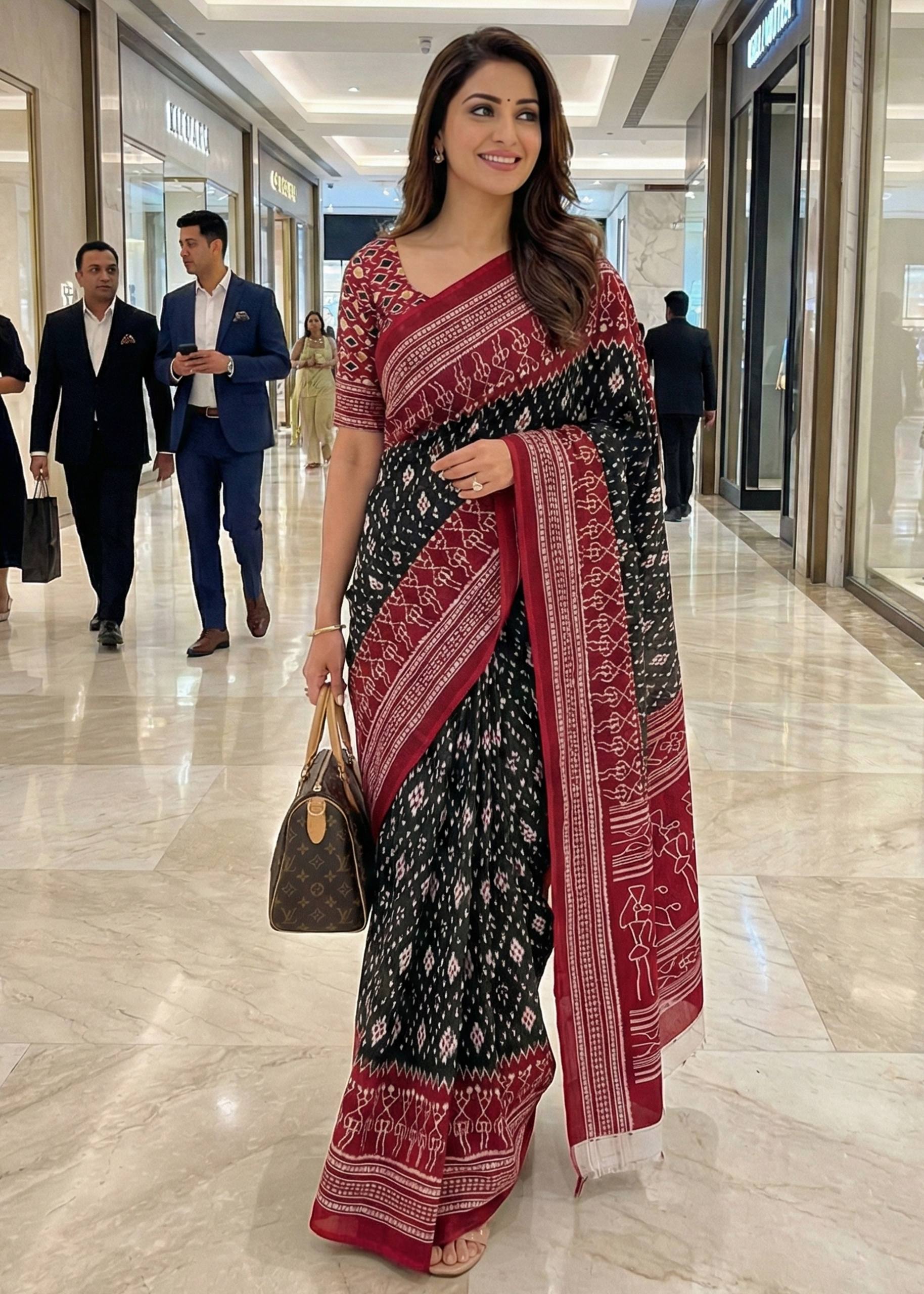 PURE MULMUL COTTON POCHAMPALLY IKKAT PRINT BLACK SAREE WITH BLOUSE